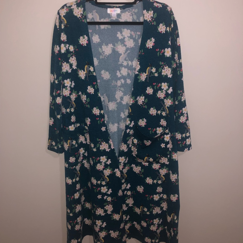 Lularoe “Sarah” long cardigan Size L Teal Floral